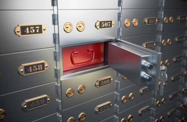 Safe deposit boxes with open one safe cell. Safe deposit boxes with open one safe cell. 3d illustration